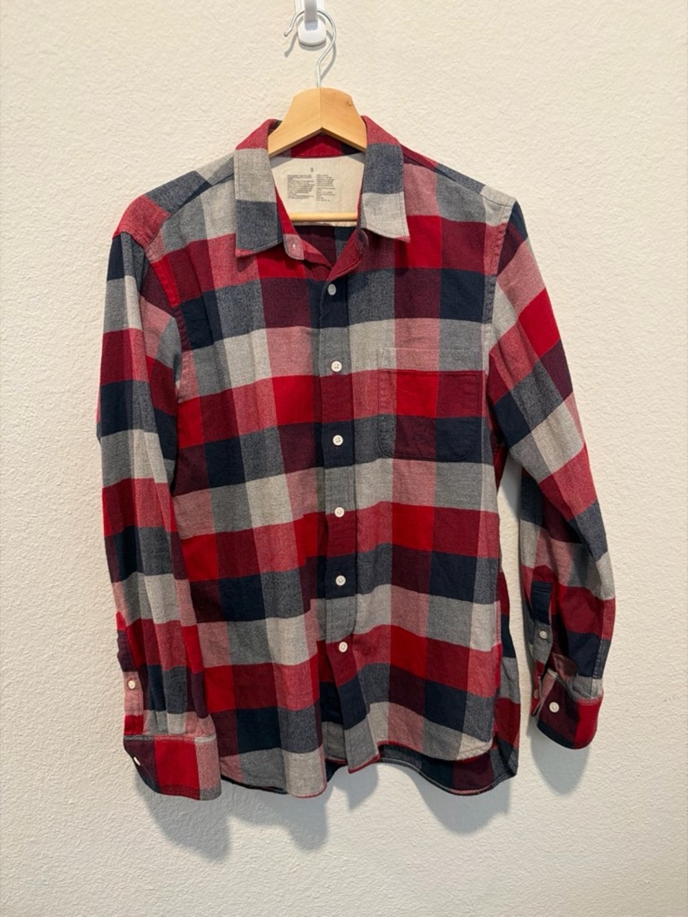 Muji Red, Navy and Gray Plaid Button-Down Shirt